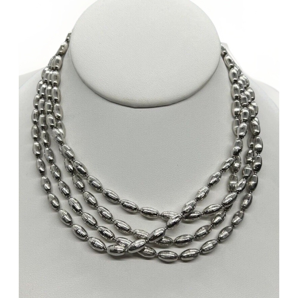 Metallic Oval Textured Beaded Necklace Vintage Silver Tone‎ Opera  54 in